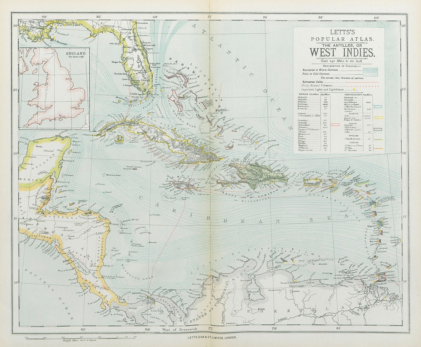 WEST INDIES Dutch French Swedish Danish Spanish British. LETTS 1883 old map